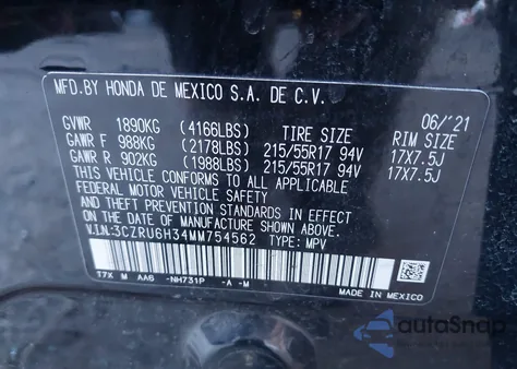 2021 Honda Hr-V Awd Lx z USA, uszkodzony, nr VIN 3CZRU6H34MM754562